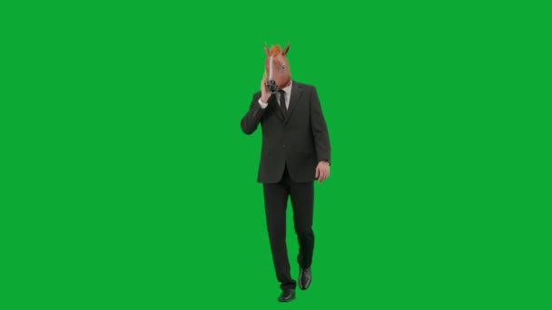 Homem Fato Negócios Com Máscara Cabeça Cavalo Fundo Estúdio Verde — Vídeo de Stock