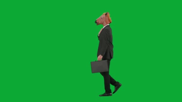 Uomo Abito Lavoro Con Maschera Testa Cavallo Sfondo Studio Verde — Video Stock
