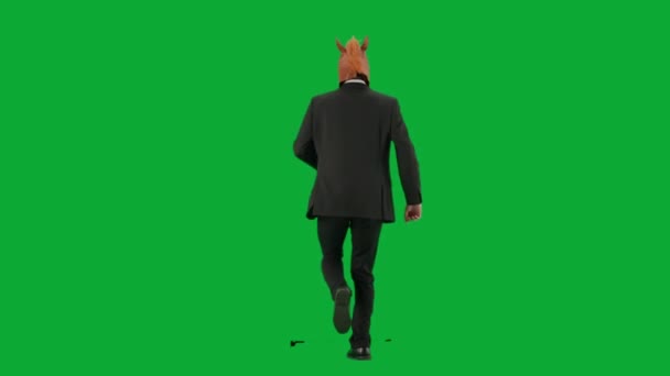 身穿西装 头戴马头面具 背景是绿色工作室 商人走来走去 蹦蹦跳跳 艰苦工作的概念回顾 — 图库视频影像