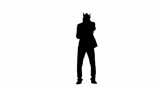 Μαύρη Σιλουέτα Του Ανθρώπου Κοστούμι Επιχείρηση Μάσκα Κεφάλι Αλόγου Λευκό — Αρχείο Βίντεο