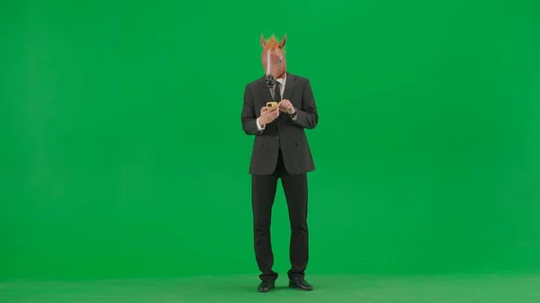 Homem Fato Negócios Com Uma Máscara Cabeça Cavalo Num Estúdio — Fotografia de Stock