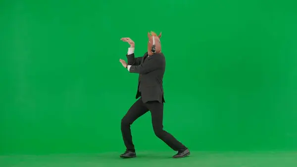Muž Obleku Koňskou Maskou Zeleném Pozadí Studia Obchodník Vesele Tančí — Stock fotografie