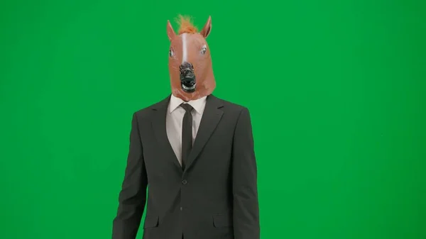 Man Business Suit Horse Head Mask Green Studio Background Businessman — Stock Photo, Image