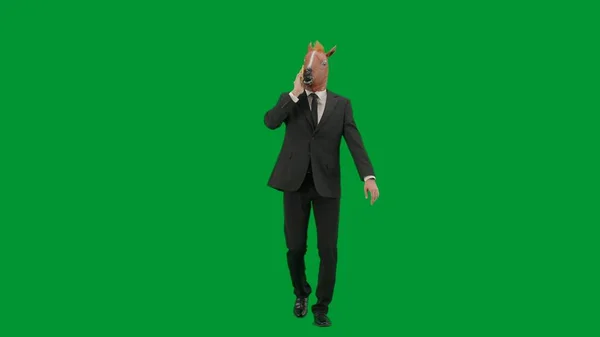 Man Zakenpak Met Paardenhoofdmasker Groene Studio Achtergrond Zakenman Lopen Praten — Stockfoto