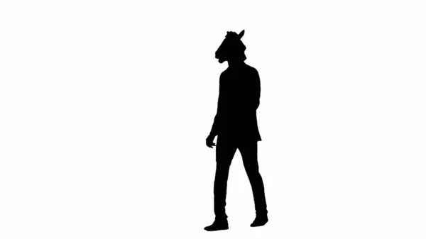 Μαύρη Σιλουέτα Του Ανθρώπου Κοστούμι Επιχείρηση Μάσκα Κεφάλι Αλόγου Λευκό — Φωτογραφία Αρχείου