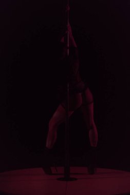 Siyah örgü tulumlu kadın silueti direğin arkasında dikiz aynasıyla poz veriyor. Stüdyonun karanlık arka planında yüksek topuklu dansçı.