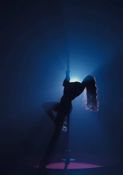 柔韧可塑的女人在杆子上跳舞的黑暗轮廓 在明亮的聚光灯下 黑漆漆的演播室里 一个长发舞蹈家站在塔尖上 — 图库照片