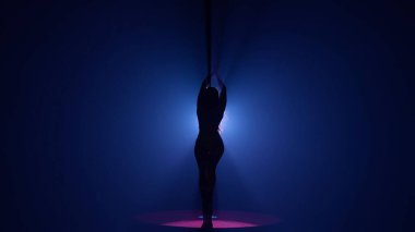 Esnek ve plastik bir kadının karanlık silueti direğin üzerinde dans ediyor. Karanlık bir stüdyoda, parlak bir ışığa karşı direkte dans eden bir kadın.