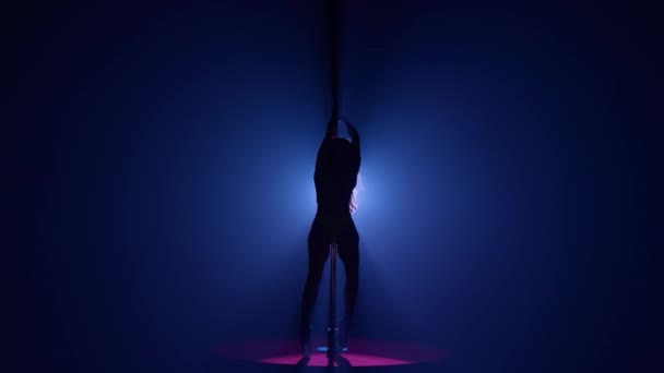 一个柔韧可塑的女人在杆子上跳舞的黑暗轮廓 一个女人在黑暗的工作室里 在明亮的聚光灯下 在塔楼上跳舞 — 图库视频影像