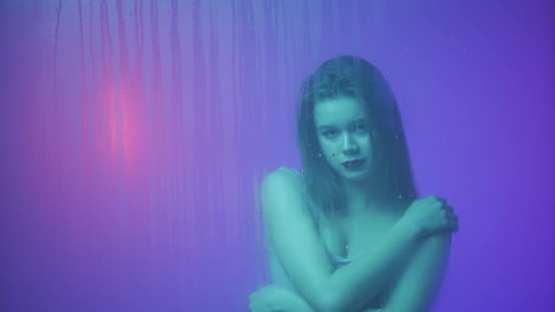 Beauty Cosmetology Creative Advertisement Concept Portrait Female Neon Light Glass — Stock Video