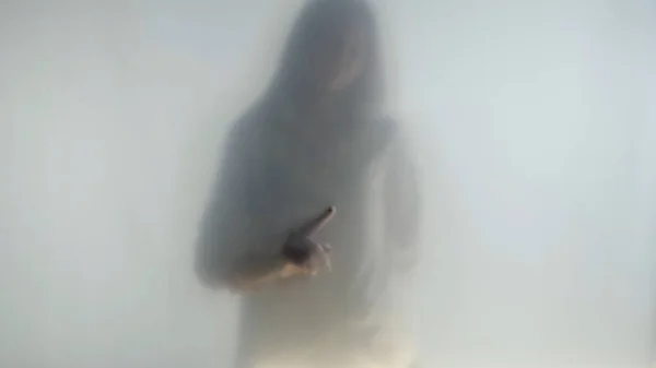 Silhouette Ghost Woman Fog Frosted Curtain Glass Close Woman Draws — Stock Photo, Image