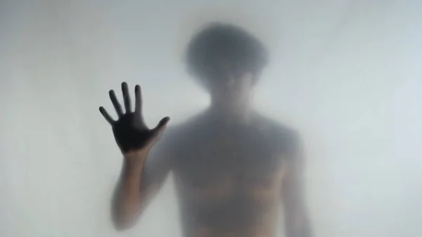 Blurred Silhouette Man Naked Torso Frosted Curtain Glass Man Touches — Stock Photo, Image