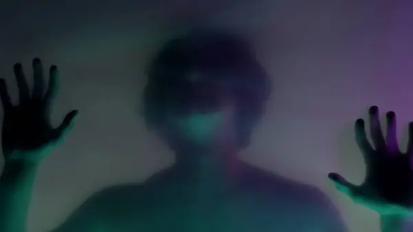 Blurred Silhouette Man Bare Torso Matte Curtain Green Neon Light — Stock Photo, Image