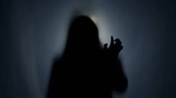Eine Dunkle Silhouette Einer Frau Hinter Einem Mattenvorhang Beleuchtet Von — Stockfoto