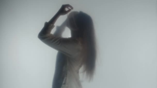 彼女の長い髪に触れる金髪の女性のシルエットのサイドビュー 明確な曇らされたガラスかカーテンの後ろの蒸気か霧の女性のプロフィールの肖像画 — ストック動画