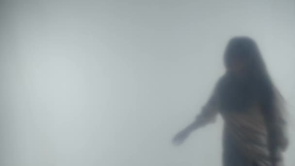 Силуэт Женщины Танцующей Вертящейся Тумане Матовым Стеклом Занавесом Концепция Загробной — стоковое видео