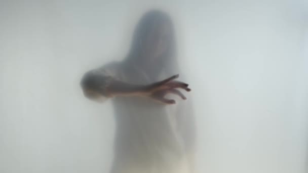Silhouette Femme Fantôme Dans Brouillard Derrière Rideau Givré Verre Fermer — Video