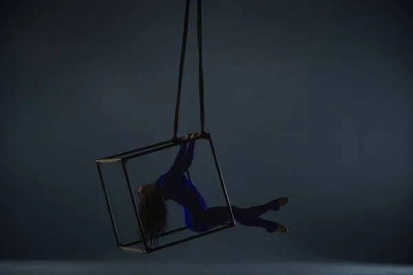 Silhouette Aerial Gymnast Blue Leotard Rhinestones Dark Studio Background Female — Stock Photo, Image