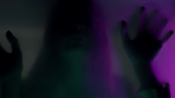 Silhouette Sfocata Una Donna Dietro Una Tenda Opaca Luce Neon — Video Stock