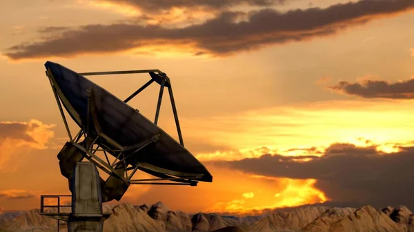 Modern industrial radio technology advertisement concept. Radar dish over the sunset background turned up in the sky. Large modern satellite receiver unit in the desert collecting signals data.