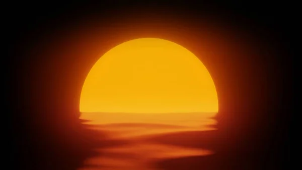 Glowing sun circle over wavy surface. Large glowing yellow sun with halo setting down over the ocean horizon scape. Waves with reflection of the sun light on the water.