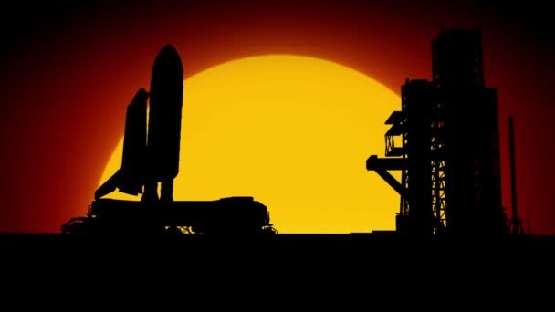 近代的な産業現場と宇宙技術の広告コンセプト 砂漠の大きな太陽に対してロケットを持つ宇宙ポートエリアのショット プラットフォームメカニズムに移動する離陸トレイル上のスペースシャトル — ストック動画