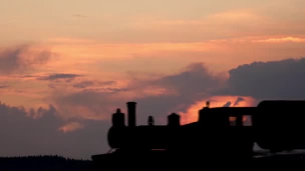 貨物輸送 産業貨物物流コンセプト 多くの樽と商品が移動するコンテナが付いている日没の現代機関車が付いている鉄道に対する貨物列車のショット — ストック動画