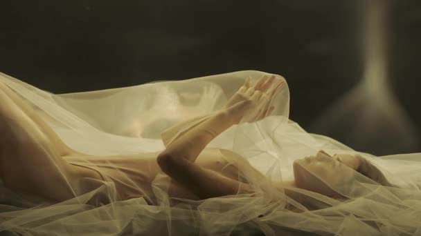 Вид Збоку Молодої Жінки Ліжко Під Прозорою Повітряною Тканиною Відбиття — стокове відео