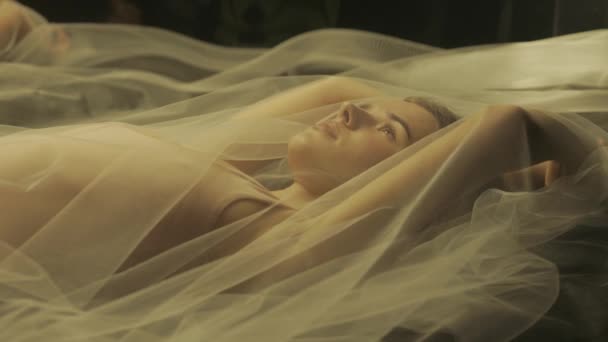 Une Femme Couverte Tulle Blanc Transparent Dans Des Rayons Chauds — Video