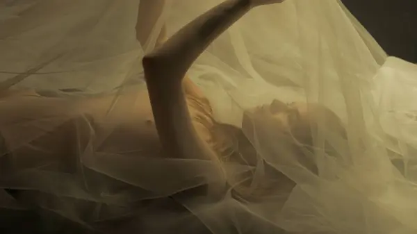 Seitenansicht Einer Jungen Frau Auf Einem Bett Unter Einem Transparenten — Stockfoto