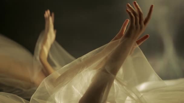 一个黑色背景上戴着白色郁金香的女人的手靠得很近 镜子反映了一个被网状织物覆盖的女人模糊的轮廓 女人轻柔地抚摩着她的皮肤 — 图库视频影像