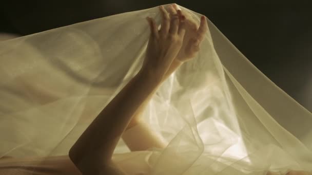 Mains Une Femme Sous Tulle Blanc Transparent Sur Fond Noir — Video