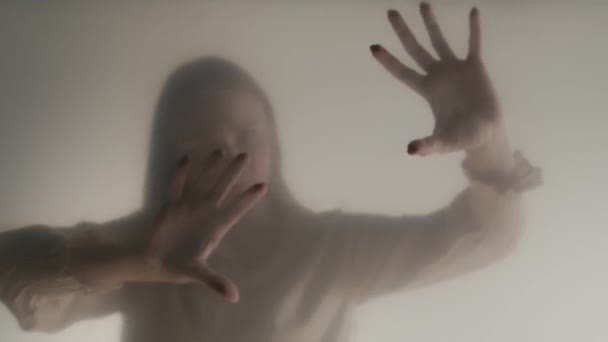 Silhouette Ghost Woman Fog Frosted Curtain Glass Close Woman Touching — Stock Video
