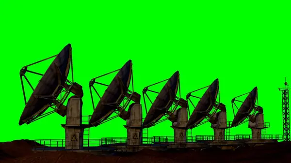 Radar Antennas Receivers Ground Mountains Green Background Few Large Satellite — Stock Photo, Image