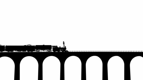 白い背景の橋の上の貨物列車のシルエット 橋を渡る樽とワゴンが付いている機関車 — ストック動画
