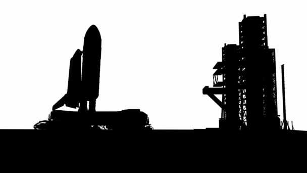 白い背景のスターター機構上のロケットのシルエット トレイルトレッキングのスペースシャトル — ストック動画