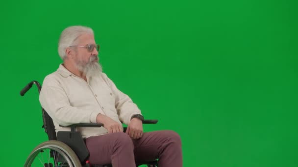 养恤金领取者照料和日常生活创意广告概念 彩色键绿色屏幕上的老年残疾人画像 坐在轮椅上的老年男子在等待年轻的女孩助理照顾者 — 图库视频影像