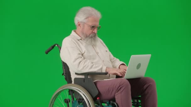 养恤金领取者照料和日常生活创意广告概念 彩色键绿色屏幕上的老年残疾人画像 老年人坐在轮椅上 在笔记本电脑上工作 — 图库视频影像