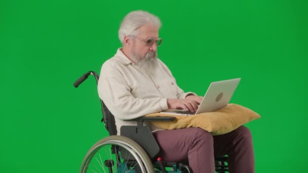养恤金领取者照料和日常生活创意广告概念 彩色键绿色屏幕上的老年残疾人画像 老年人坐在轮椅上 枕头上有笔记本电脑 工作着 — 图库视频影像