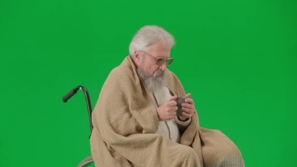 养恤金领取者照料和日常生活创意广告概念 彩色键绿色屏幕上的老年残疾人画像 坐轮椅的老人裹着毛毯喝茶感觉很冷 — 图库视频影像