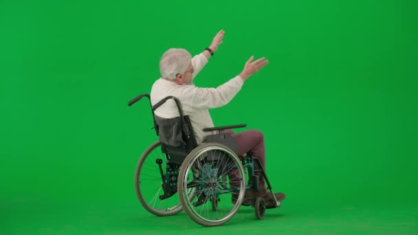 养恤金领取者照料和日常生活创意广告概念 彩色键绿色屏幕上的老年残疾人画像 坐轮椅的老人指明方向 用手做手势 — 图库视频影像