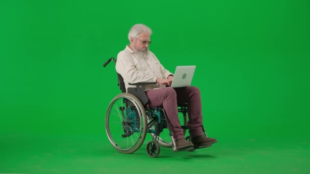 养恤金领取者照料和日常生活创意广告概念 彩色键绿色屏幕上的老年残疾人画像 老年人坐在轮椅上 在笔记本电脑上工作 — 图库视频影像
