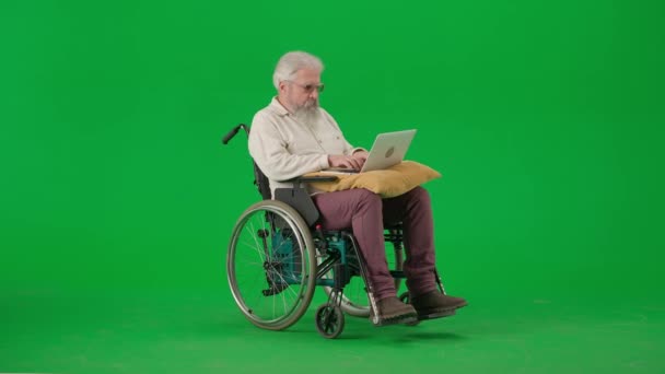 养恤金领取者照料和日常生活创意广告概念 彩色键绿色屏幕上的老年残疾人画像 老年人坐在轮椅上 枕头上有笔记本电脑 工作着 — 图库视频影像