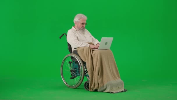 养恤金领取者照料和日常生活创意广告概念 彩色键绿色屏幕上的老年残疾人画像 坐轮椅 头戴格子花的老年人在笔记本电脑上工作 — 图库视频影像