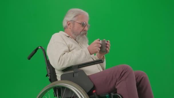 养恤金领取者照料和日常生活创意广告概念 彩色键绿色屏幕上的老年残疾人画像 亲近坐在轮椅上的老人 喝着热茶 感到冷 — 图库视频影像