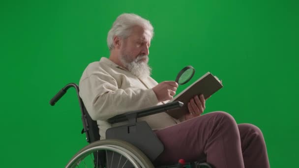 养恤金领取者照料和日常生活创意广告概念 彩色键绿色屏幕上的老年残疾人画像 用放大镜把老年人关在轮椅读物里 — 图库视频影像