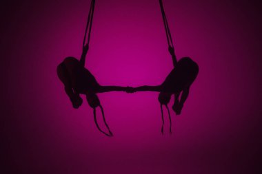Modern koreografi ve akrobasi yaratıcı reklam konsepti. Pembe neon arka planda izole edilmiş iki kadın akrobatın silueti. Kızlar hava dansçıları ipler üzerinde uçan elementler sergiliyorlar..
