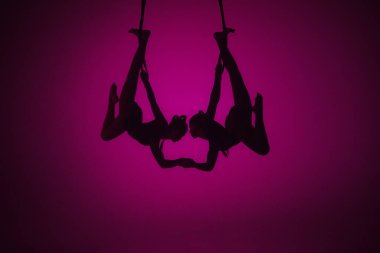 Modern koreografi ve akrobasi yaratıcı reklam konsepti. Pembe neon arka planda izole edilmiş iki kadın akrobatın silueti. Kızlar hava dansçıları ipler üzerinde uçan elementler sergiliyorlar..