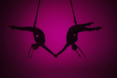 Modern koreografi ve akrobasi yaratıcı reklam konsepti. Pembe neon arka planda izole edilmiş iki kadın akrobatın silueti. Kızlar hava dansçıları ipler üzerinde uçan elementler sergiliyorlar..