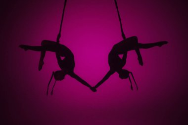 Modern koreografi ve akrobasi yaratıcı reklam konsepti. Pembe neon arka planda izole edilmiş iki kadın akrobatın silueti. Kızlar hava dansçıları ipler üzerinde uçan elementler sergiliyorlar..